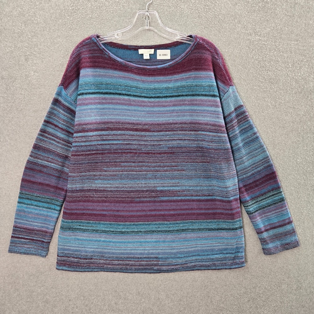 J Jill Women Sweater Medium Blue Stripe Wool‎ Blend Long Sleeve Boat Neck